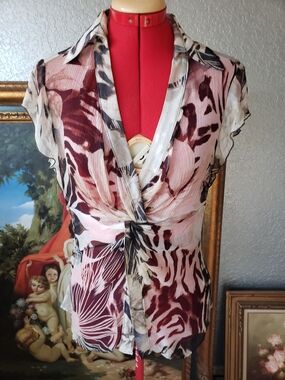 Cache Pink, Burgundy & Cream Sheer Twist-Front Floral Blouse